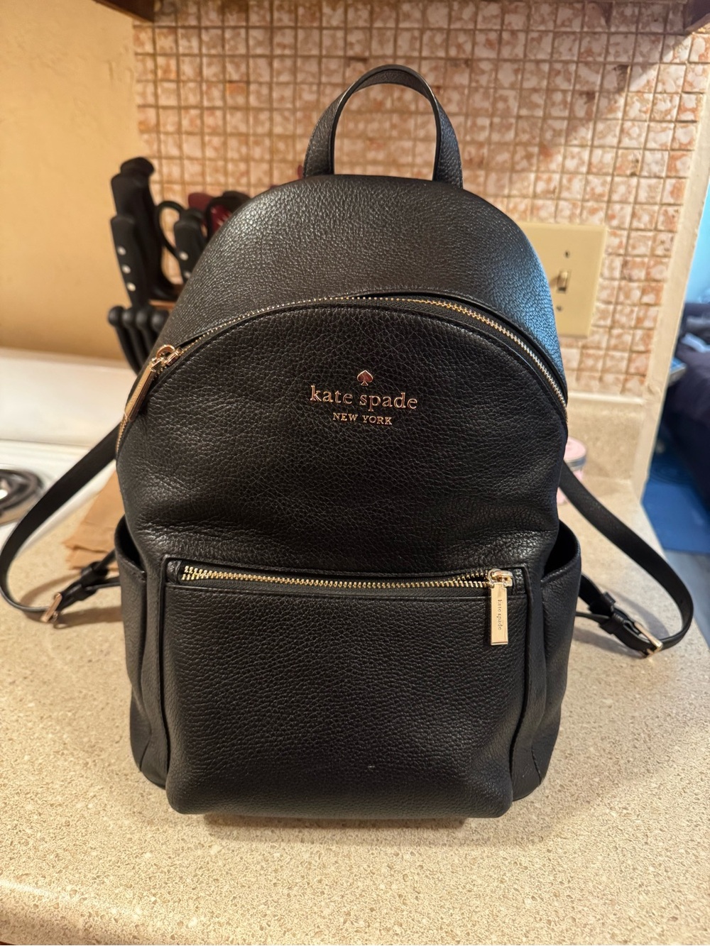 kate spade Black Pebbled Leather Mini Backpack with Gold Hardware